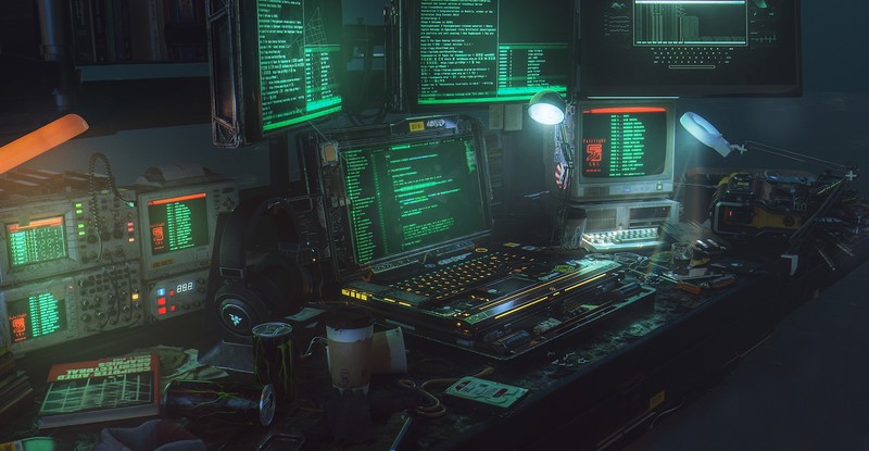 cyberpunk, desk, 3D graphics, laptop, technology, computer