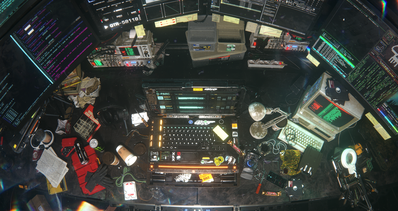 cyberpunk, desk, 3D graphics