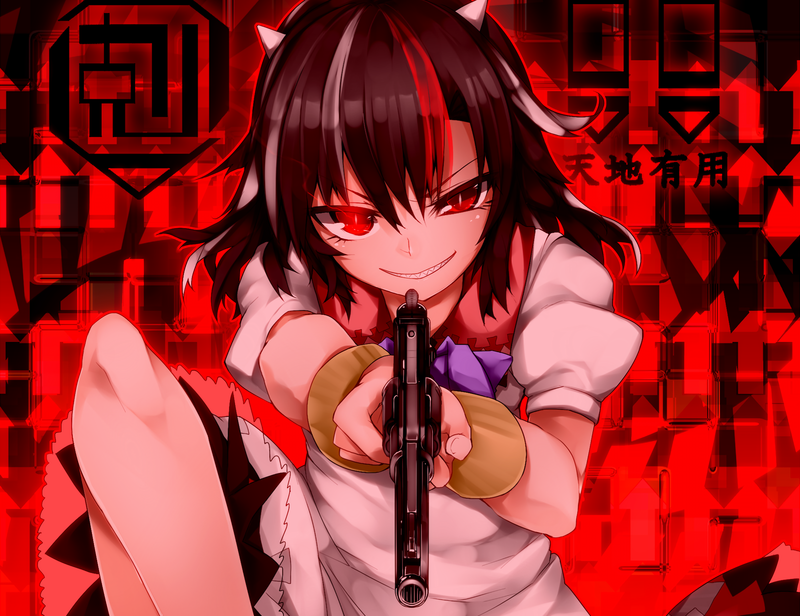 Kijin Seija, multi-colored hair, red eyes, gun, dress, weapon, horns, short hair, anime