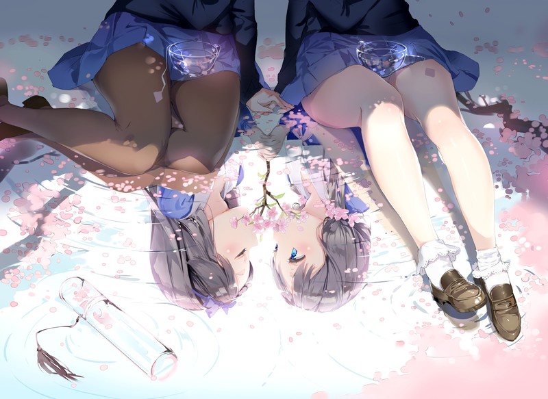 yuri, Sakura blossom, thigh-highs, school uniform, anime, anime girls