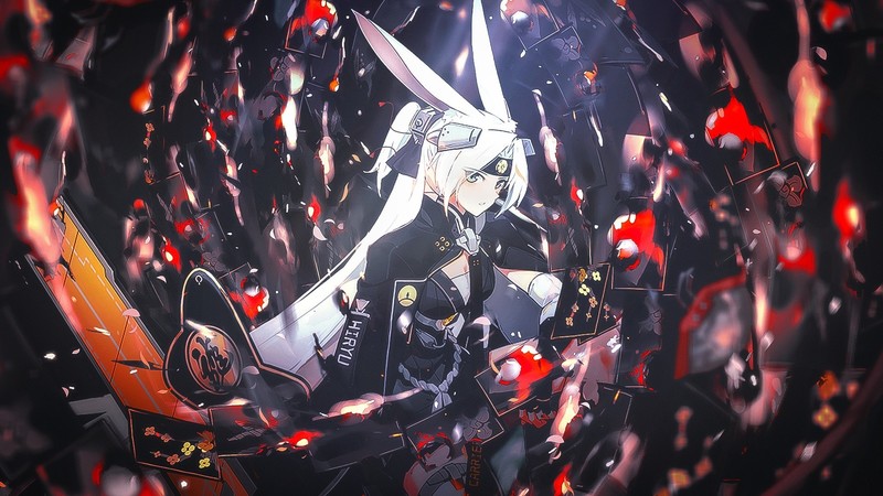 anime girls, Black clothes, long hair, white hair, bunny ears, anime