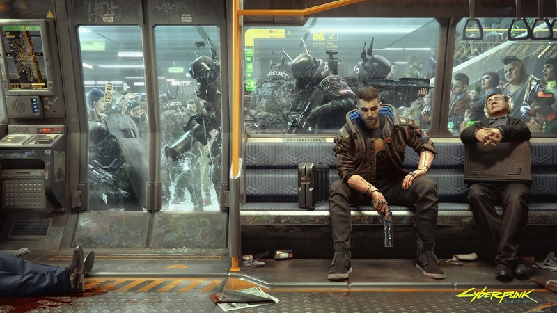 Cyberpunk 2077, CD Projekt RED, video game art, futuristic, cyberpunk, SWAT, video games, train, crowds