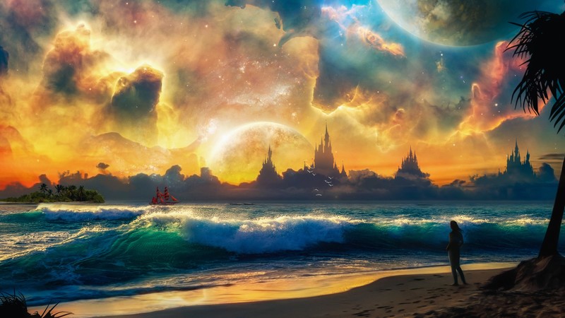 beach, landscape, palm trees, planet, science fiction, waves, shore, boat, castle, horizon, aurorae, colorful, island