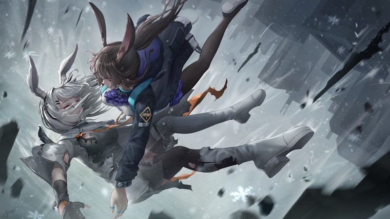 Arknights, video games, video game girls, anime girls, anime, fantasy girl, fantasy art, science fiction, animal ears, falling, artwork, 2D, drawing, digital art, video game art, illustration, fan art, Pixiv, rain, Jay Xu, Amiya (Arknights), Frostnova(Arknights)