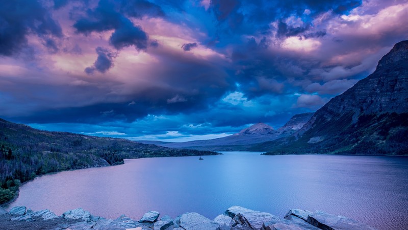 Rocky Mountains, sky, colorful, nature, lake, water, landscape, Glacier National Park, purple