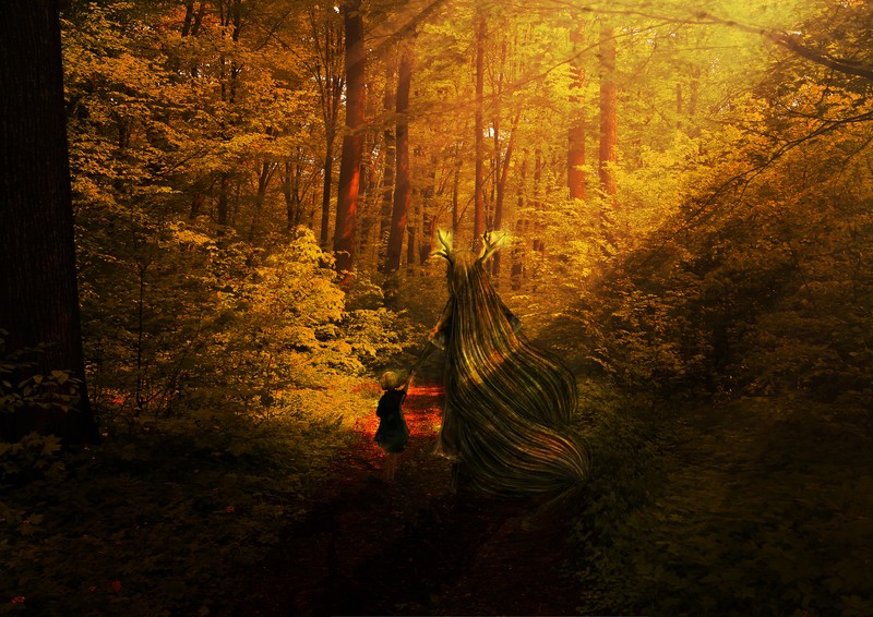 antlers, long hair, landscape, forest, children, holding hands, sunset
