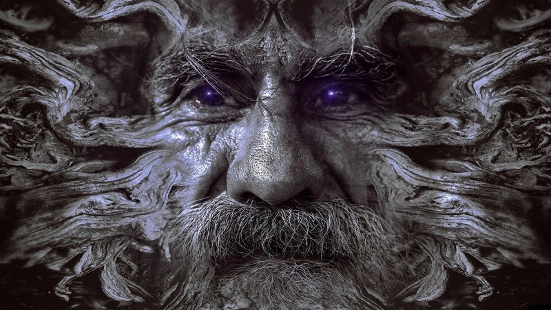 fantasy art, digital art, artwork, face, old people, purple eyes, beard, selective coloring, Photoshop, glowing eyes, men, roots