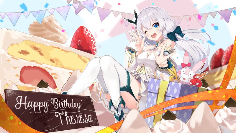 anime, anime girls, digital art, artwork, 2D, portrait, Honkai Impact 3rd, Theresa Apocalypse, happy birthday, cake, strawberries, long hair, white hair, smiling, blue eyes