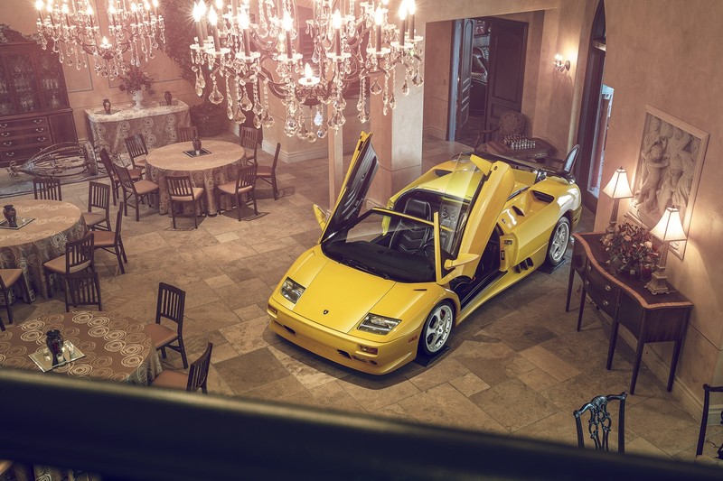 car, vehicle, yellow dress, Lamborghini, high angle, Lamborghini Diablo, restaurant, chandeliers