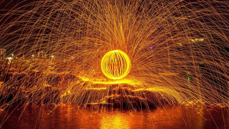 ball, sparks, freezelight, night, 4k