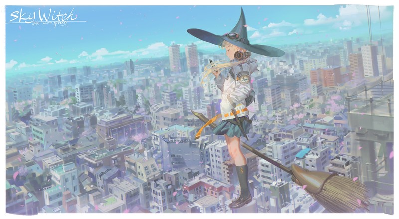 anime, anime girls, witch, cityscape, moescape, hat, headphones