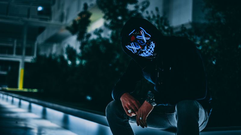 mask, hood, anonymous, glow, darkness, face, 4k