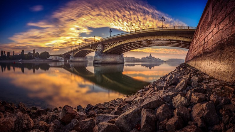 architecture, bridge, Budapest, Hungary, river, Danube, clouds, reflection, stone, stones, trees, Hungarian Parliament Building, motion blur, water, long exposure