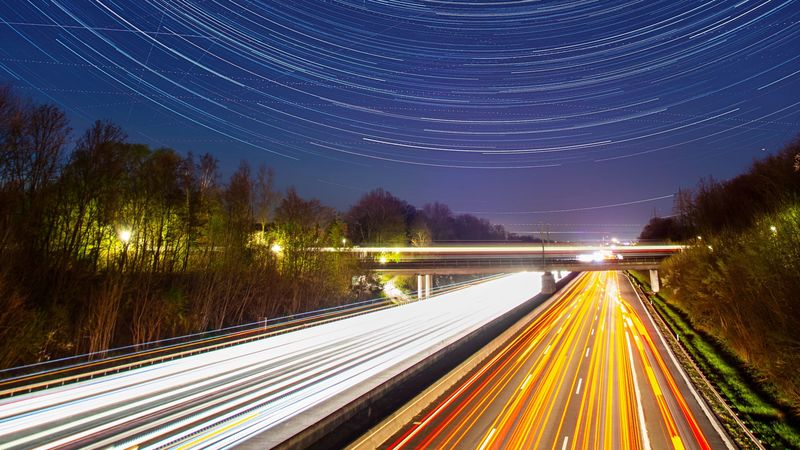 road, long exposure, starry sky, direction, 4k