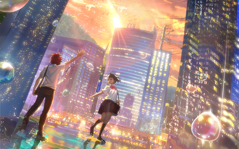 Your Name, anime boys, anime girls, street view, anime