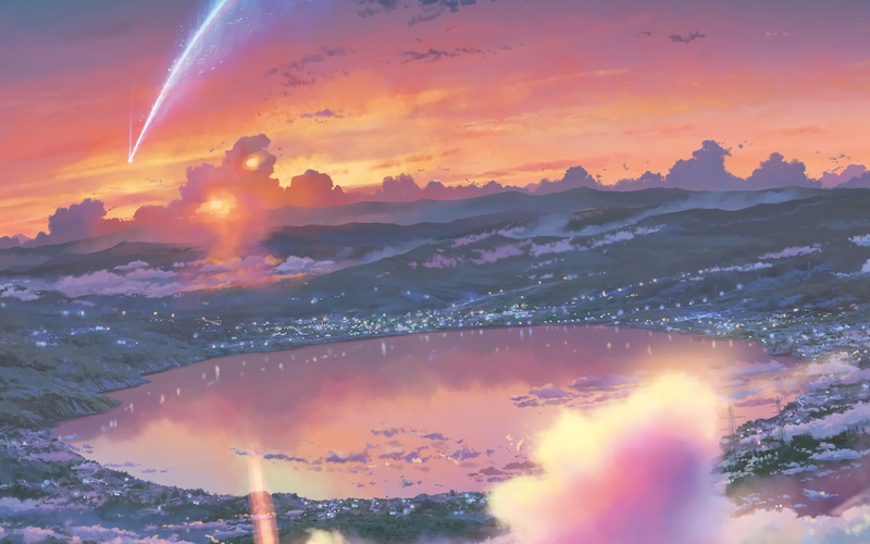 Your Name, ocean view, anime, sunset, shooting stars