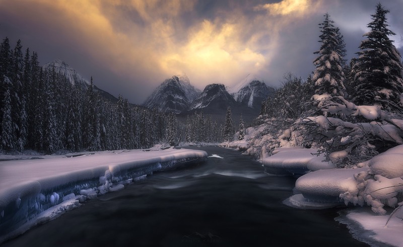 river, cold, snow, nature, sky, mountains, winter