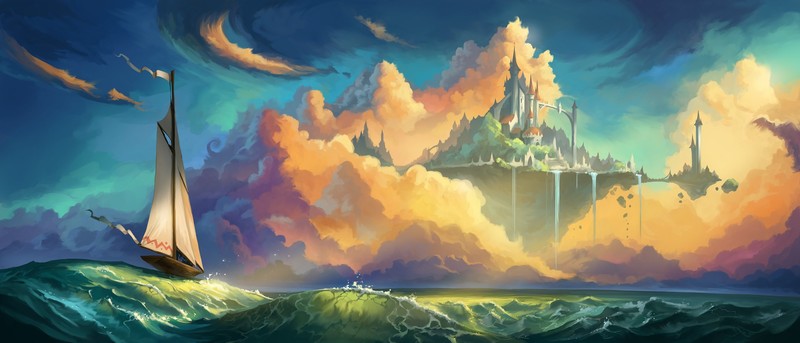 ship, sea, clouds, waves, artwork, Eduard Kolokolov, ultrawide