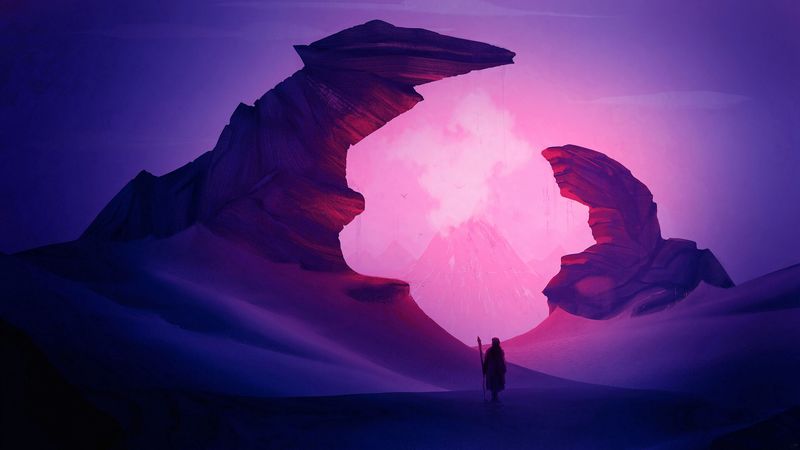 traveler, silhouette, rocks, volcano, art, 4k