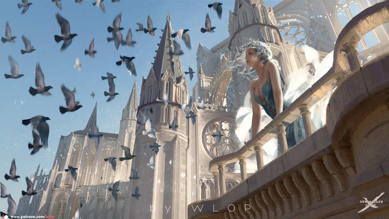 WLOP, artwork, original characters, Ghost + Blade, women, digital art, birds, castle, balcony, white hair, fantasy art, fantasy architecture, Yan Haiqin, Ghostblade, comics, comic art, low-angle
