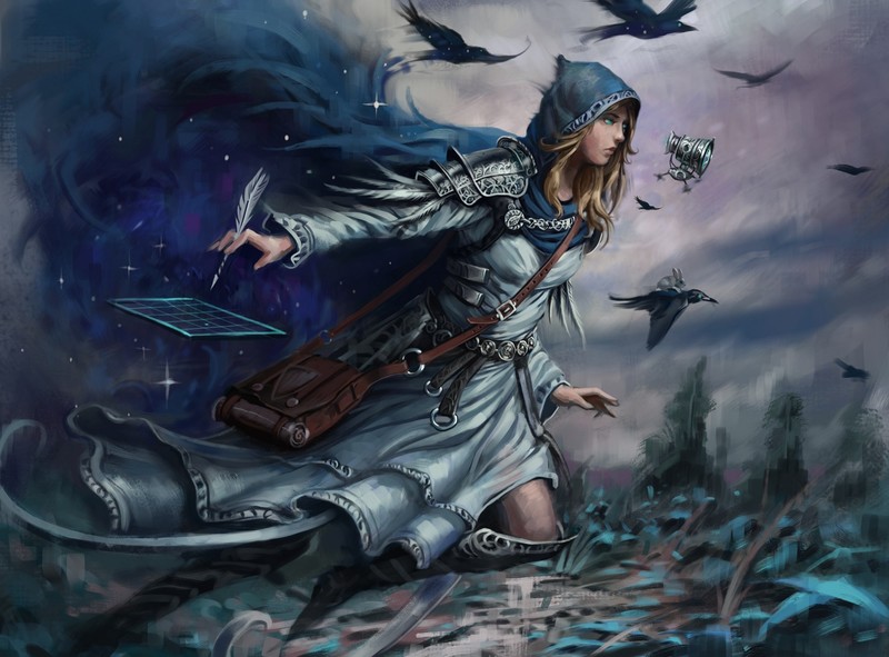 magic, magician, wizard, women, green eyes, crow, birds, hood, fantasy art, artwork, fantasy girl, digital art