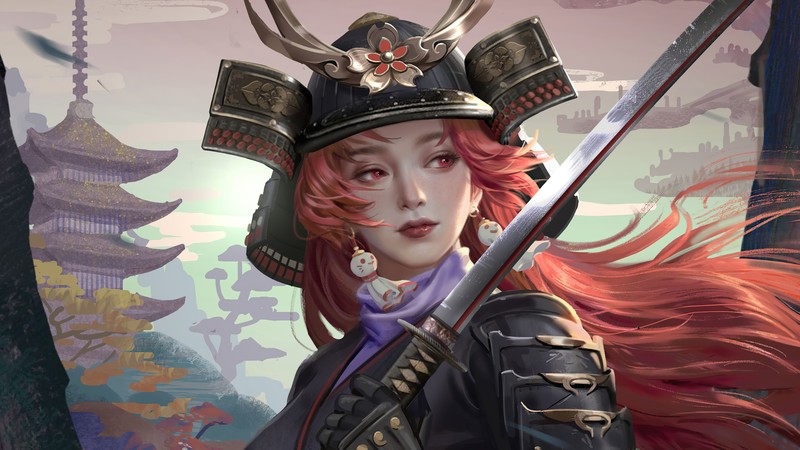samurai, katana, sword, helmet, armor, pagoda, fantasy art, artwork, fantasy girl, digital art