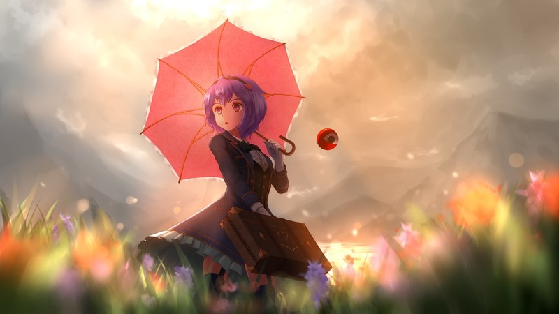 Touhou, Komeiji Satori, pink hair, short hair, umbrella, grass, anime