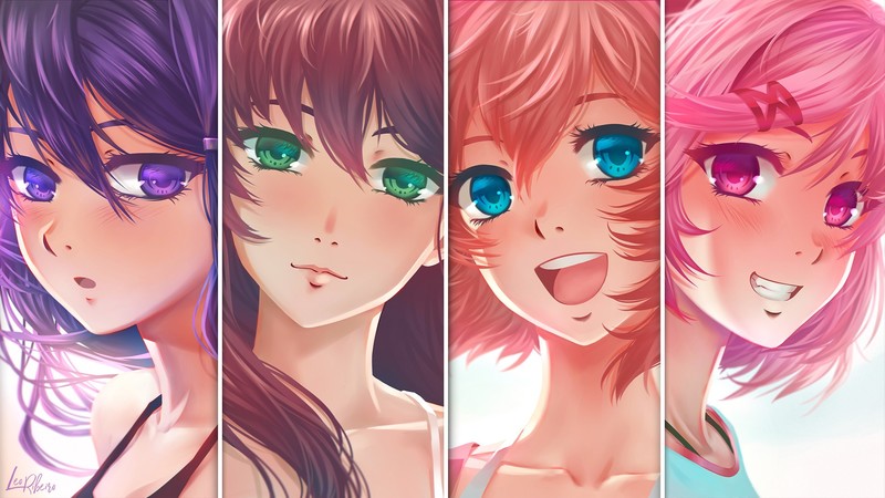 Doki Doki Literature Club, DDLC, visual novel, Sayori (Doki Doki Literature Club), anime girls, pink eyes, Monika (Doki Doki Literature Club), Yuri (Doki Doki Literature Club), Natsuki (Doki Doki Literature Club), blue eyes, purple eyes, green eyes, purple hair, pink hair, brunette, digital art, fan art, looking at viewer
