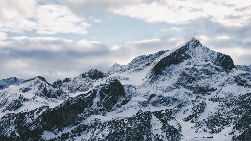mountains, peak, snow, snowy, sky, clouds, 4k