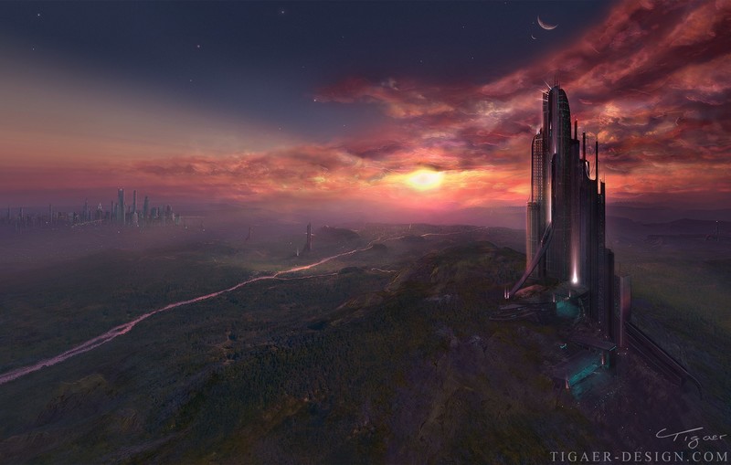 science fiction, landscape, building, sunset, sky, stars, satellite, city, horizon, clouds, river, night
