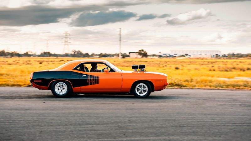 Plymouth Barracuda, car, vehicle, orange cars, side view