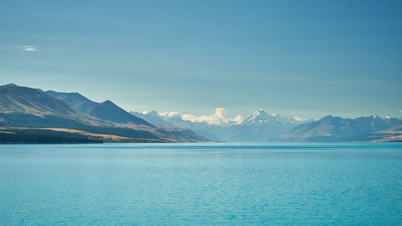 sea, mountains, water, sky, horizon, clouds, 4k