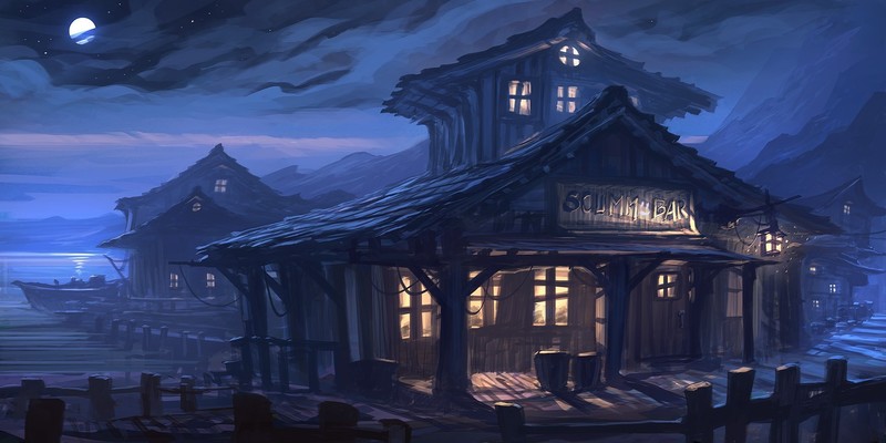 digital art, artwork, Monkey Island, house, video games, bar, classic games, night, video game art, Moon, pier, LucasArts