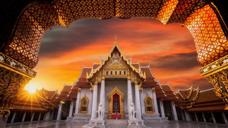 architecture, building, house, sun rays, Sun, Bangkok, Thailand, temple, Buddhism, statue, marble, rooftops, pillar