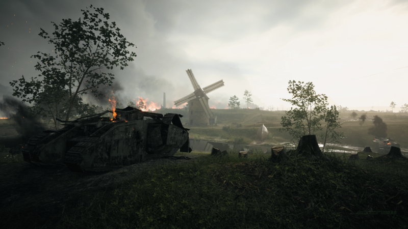 PC gaming, screen shot, in-game, World War I, River Somme, France, Battlefield 1, Trenches, field, destruction, overcast, Mark I, British, tank, windmill, fire