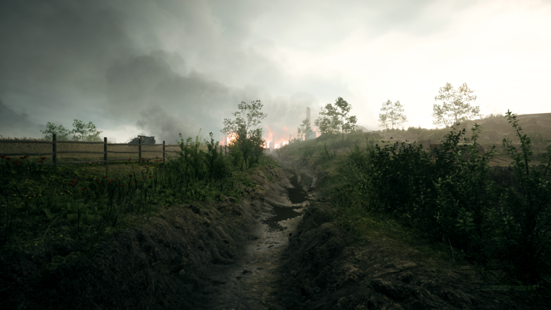 PC gaming, screen shot, in-game, World War I, River Somme, France, Battlefield 1, Trenches, field, destruction, overcast, Mark I, British, mud, fire, smoke, water
