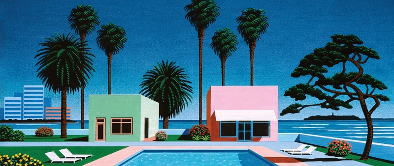 green, pink, blue, palm trees, house, swimming pool, trees, artwork, Hiroshi Nagai