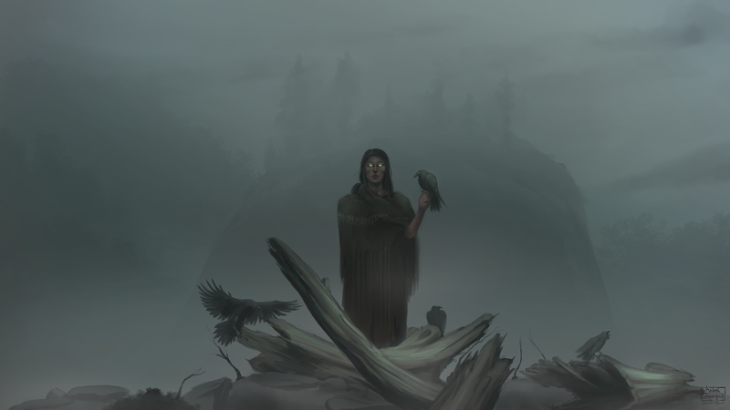 mountains, mist, Native Americans, raven, animals, women, artwork, frontal view