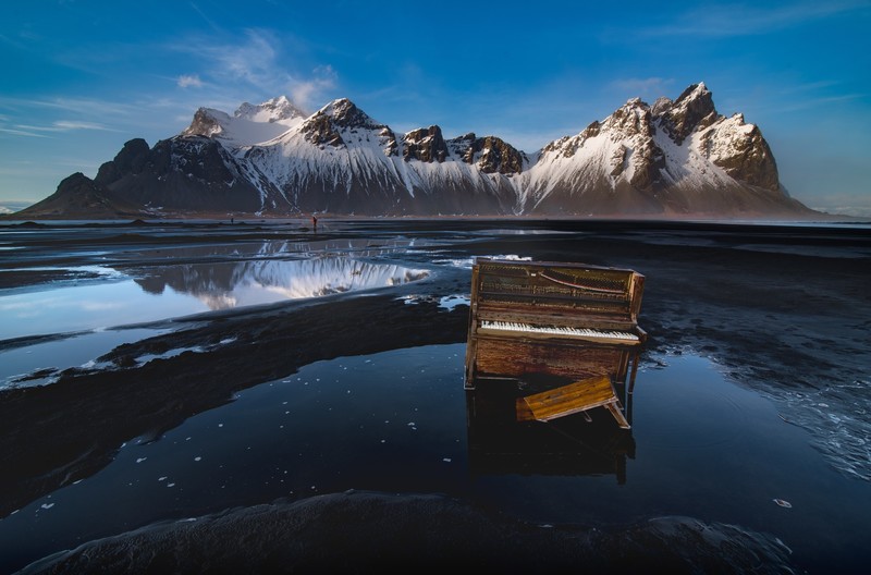 old, piano, musical instrument, mountains, nature