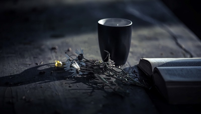 flowers, dark, cup, books