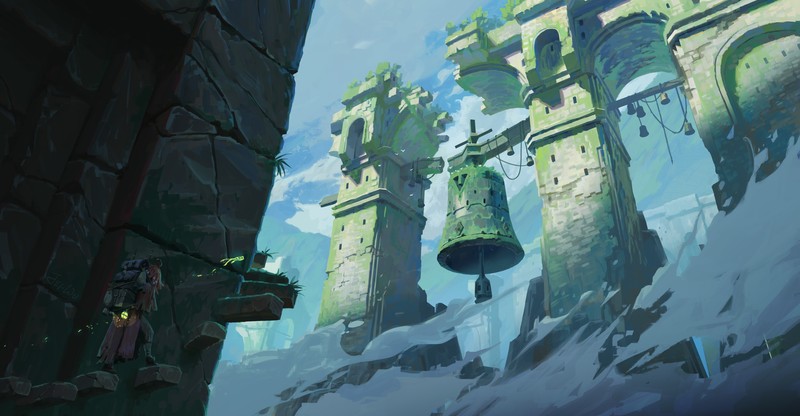 bell, clouds, ruins, backpacks, lantern, staircase, fantasy art, digital art, low-angle