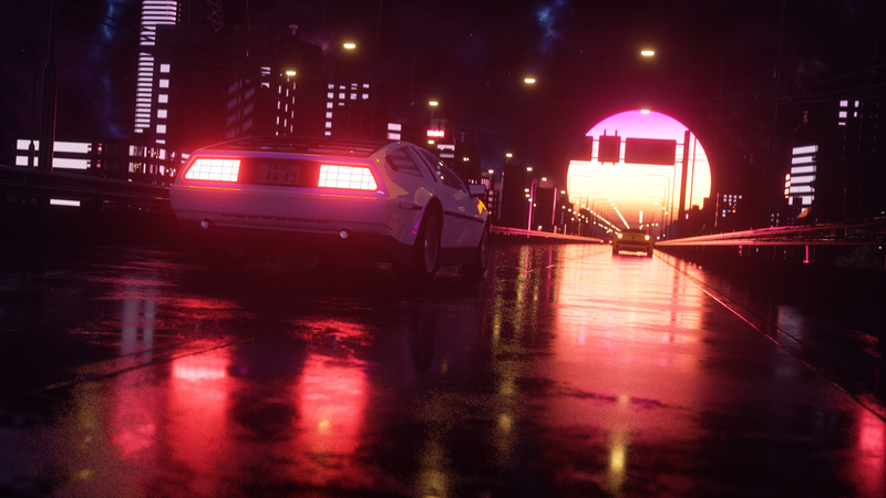 digital art, artwork, illustration, Retrowave, synthwave, vaporwave, Sun, sunlight, OutRun, neon, lights, dark, car, vehicle, transport, street, city, cityscape, landscape, road, reflection, urban, modern, building, night, city lights, DeLorean, DMC DeLorean, Ferrari, Ferrari California, clouds