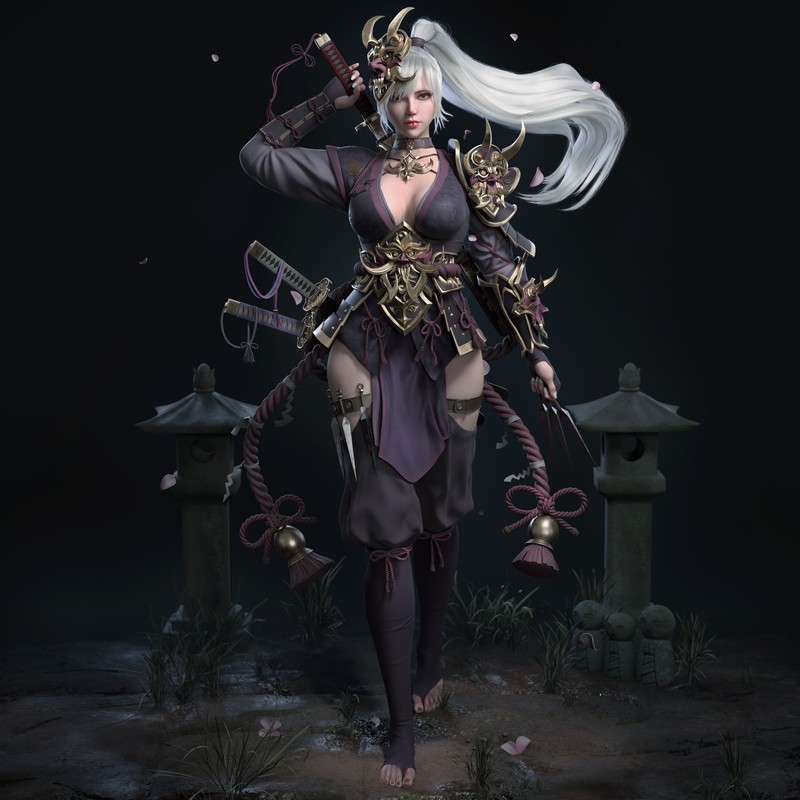 CGI, women, ninjas, silver hair, long hair, ponytail, wind, armor, blades, Wakizashi, weapon, ropes, spikes, petals, frontal view, Cifangyi