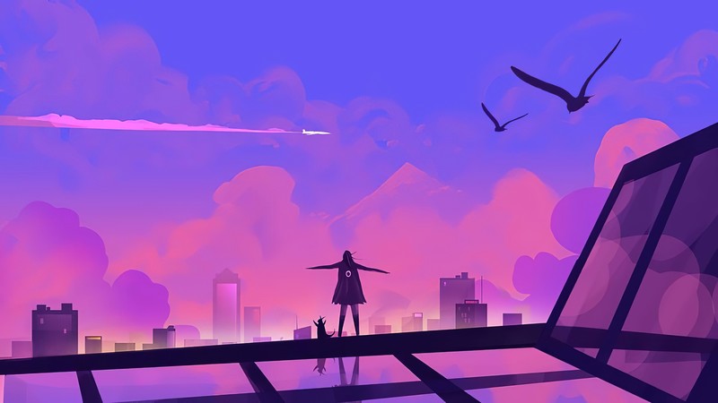 digital art, artwork, illustration, environment, pink, violet, pink background, concept art, freedom, sky, skyscape, city, cityscape, tower, skyscraper, building, clouds, mountains, landscape, birds, women, outdoors, aircraft, airplane