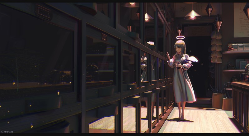 original characters, reflection, window, angel, dress, long hair, wings, anime, lamp, night