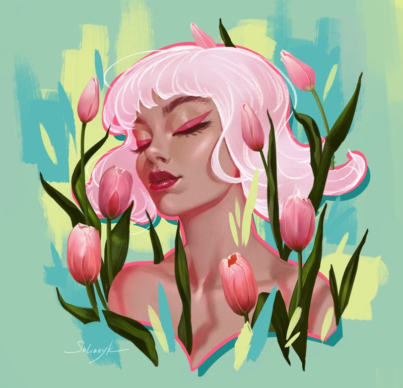 Mariia Solianyk, women, digital art, short hair, tulips, flowers, make up, pink hair, closed eyes, face