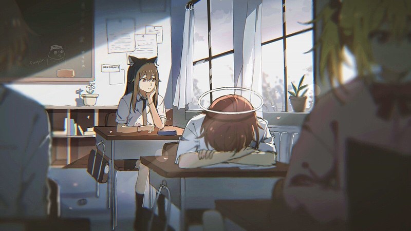 animal ears, classroom, school, anime girls, anime, Arknights, Exusiai (Arknights), Texas (Arknights), Sora(Arknights)