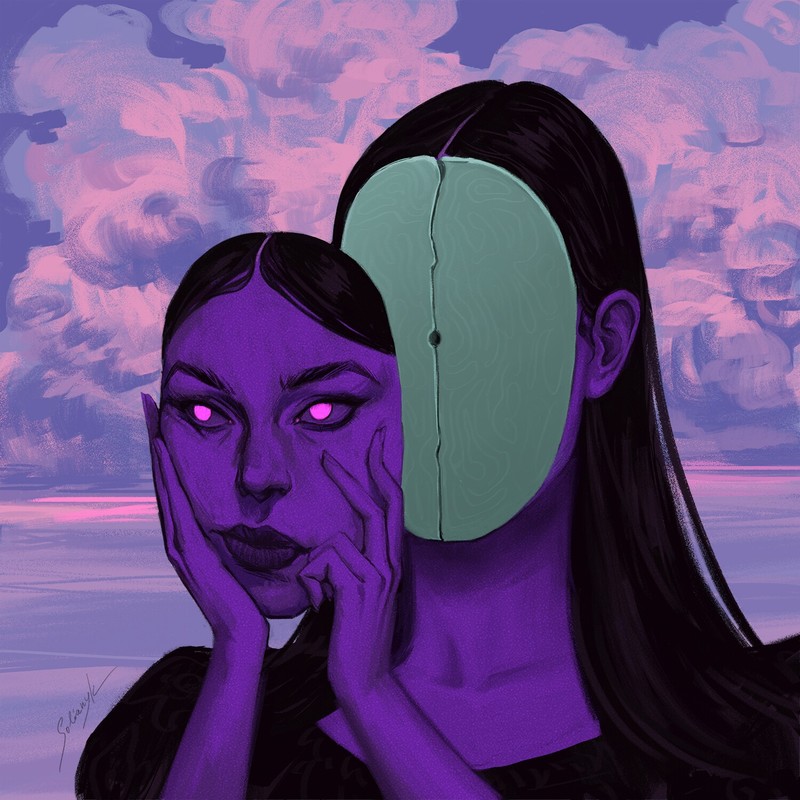 Mariia Solianyk, women, clouds, long hair, straight hair, digital art, faceless, face