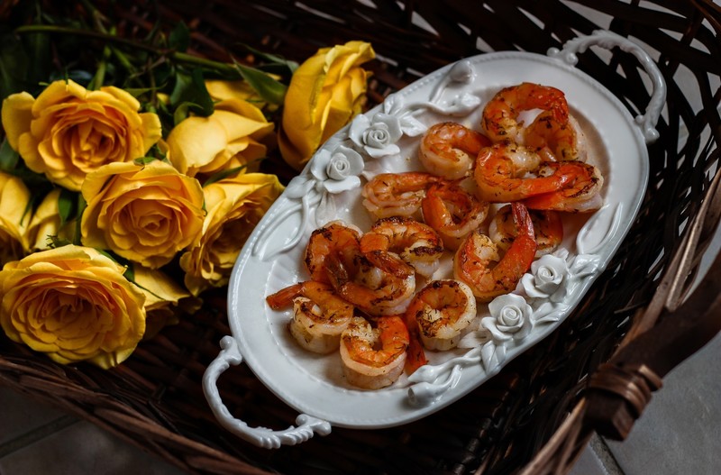 flowers, yellow flowers, food, seafood, top view, yellow roses, shrimp