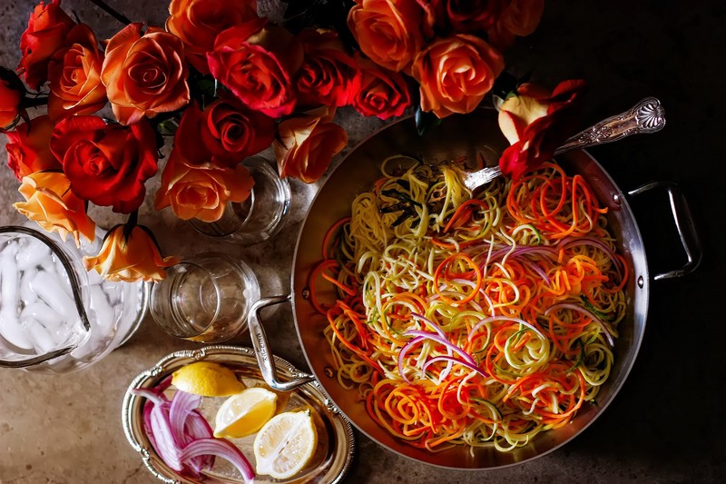 food, flowers, noodles, onion rings